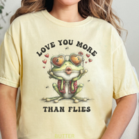 Load image into Gallery viewer, CC Frog Valentine Shirt, Frog Pun T-shirt, Quirky Love Tshirt, Amphibian Valentine Tee, Love You More Than Flies
