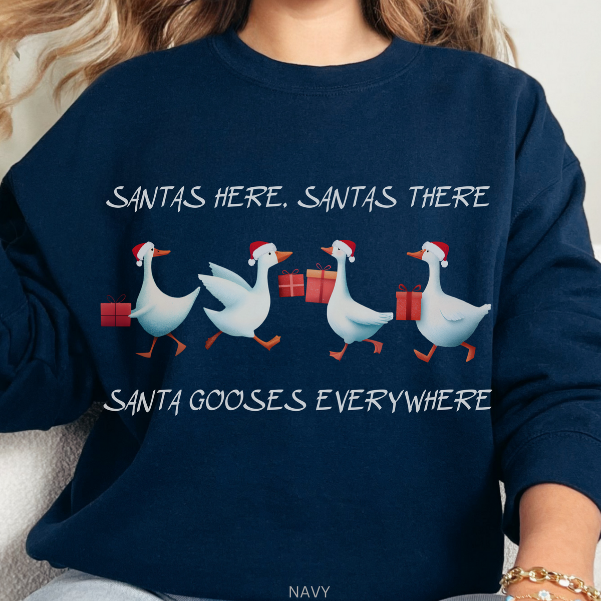 Santa Gooses Everywhere Sweatshirt, Funny Christmas Goose Crewneck, Holiday Geese in Santa Hats Pullover, Goose Xmas Unisex Sweatshirt Gift
