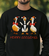 Load image into Gallery viewer, Merry Goosemas Sweatshirt, Funny Christmas Goose Crewneck, Holiday Geese in Santa Hats Pullover, Goose Christmas Unisex Sweatshirt Gift
