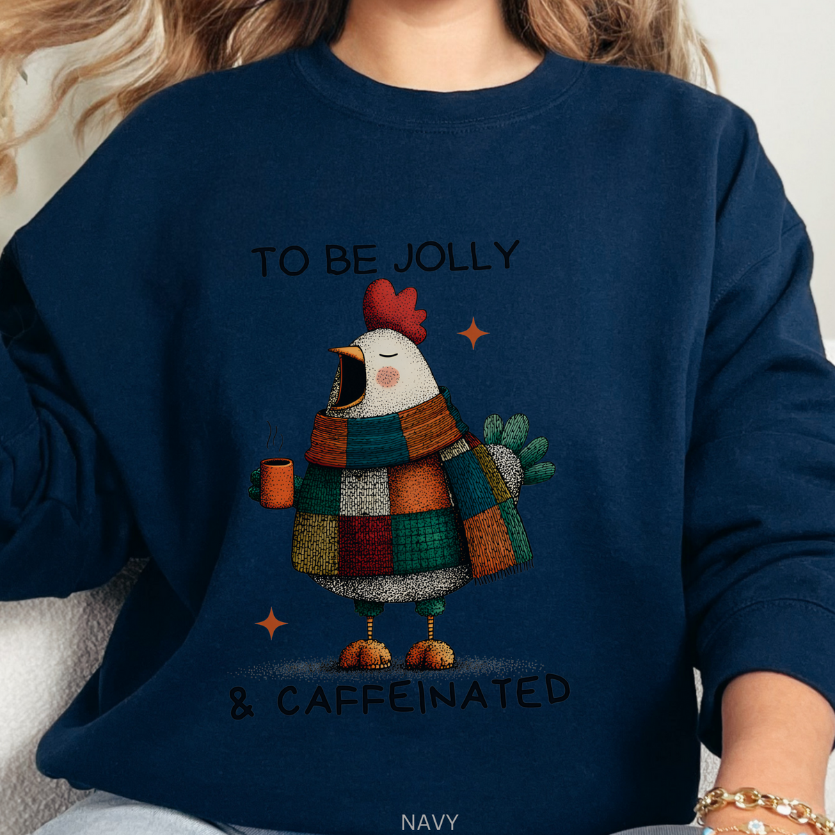Funny Chicken Christmas Sweatshirt, To Be Jolly and Caffeinated Crewneck, Plaid Chicken Coffee Lover Holiday Unisex Pullover, Farm Humor