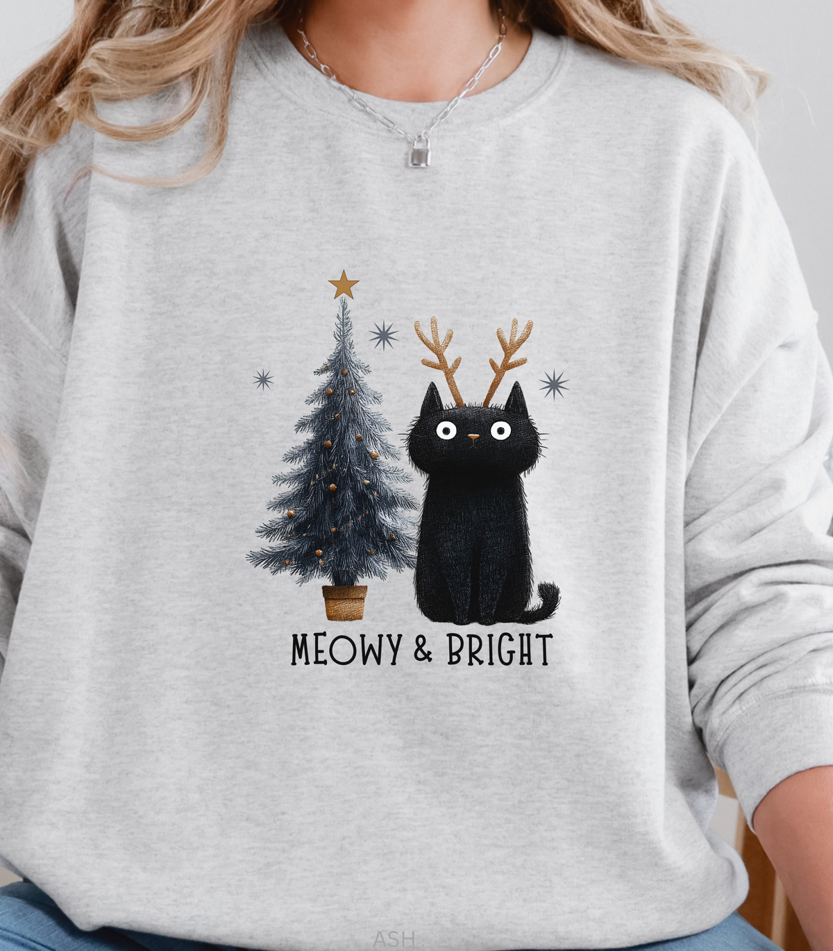 Meowy & Bright Sweatshirt, Funny Cat Christmas Crewneck, Cute Holiday Cat Pullover Cat Lover Christmas Tree Sweatshirt Gift