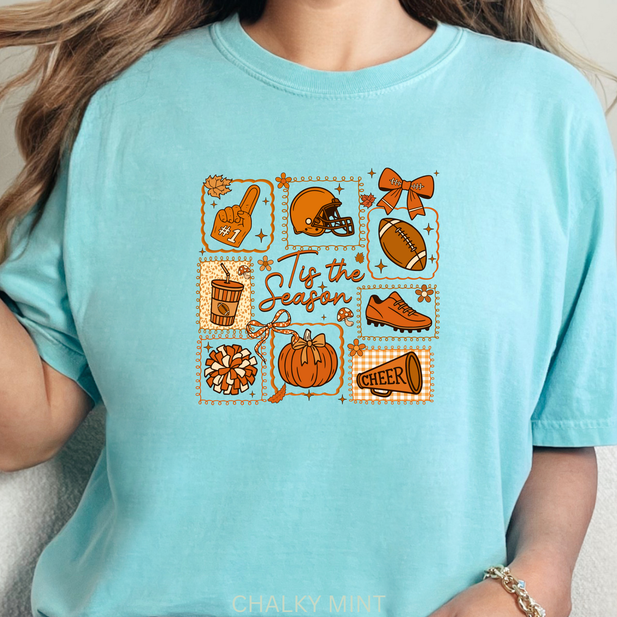 ’Tis The Season Football Sweatshir, Pumpkin, Helmet And Other Fall Icons Adorn This Fall Tshirt, Unisex Garment-Dyed T-shirt, Sizes S-4XL.